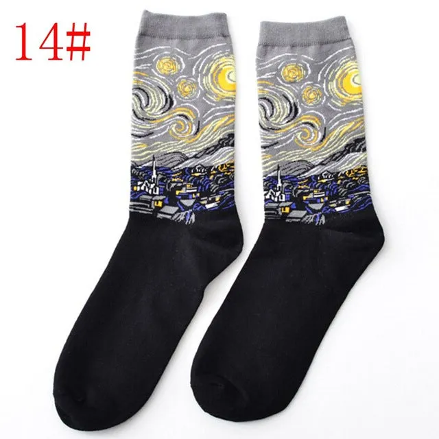 1Pair Retro Vintage Unisex Women Men Modern European Styles Fashion Renaissance Van Gogh Art Oil Painting Warm Cotton Socks Hot