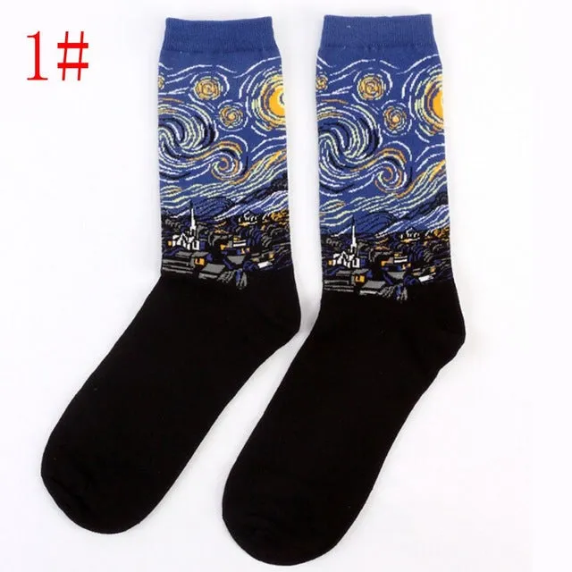 1Pair Retro Vintage Unisex Women Men Modern European Styles Fashion Renaissance Van Gogh Art Oil Painting Warm Cotton Socks Hot