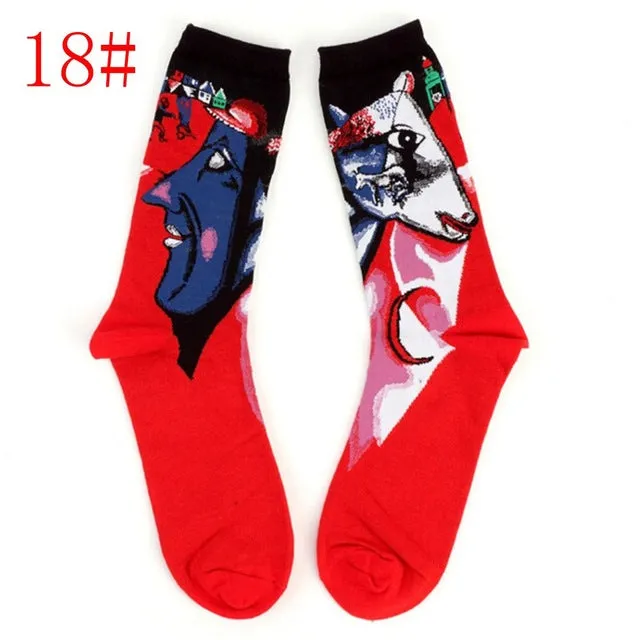 1Pair Retro Vintage Unisex Women Men Modern European Styles Fashion Renaissance Van Gogh Art Oil Painting Warm Cotton Socks Hot