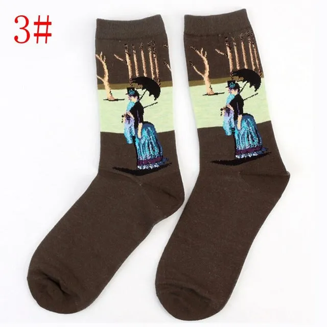 1Pair Retro Vintage Unisex Women Men Modern European Styles Fashion Renaissance Van Gogh Art Oil Painting Warm Cotton Socks Hot