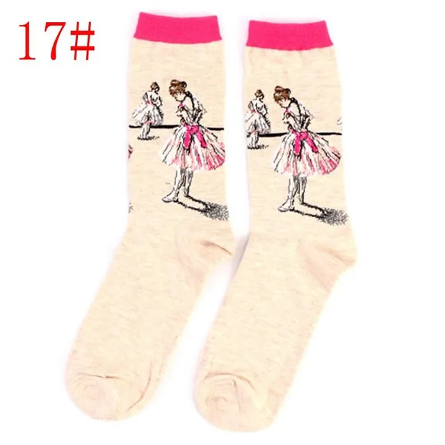 1Pair Retro Vintage Unisex Women Men Modern European Styles Fashion Renaissance Van Gogh Art Oil Painting Warm Cotton Socks Hot