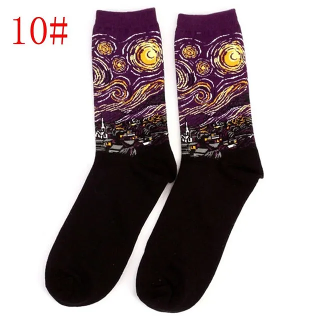 1Pair Retro Vintage Unisex Women Men Modern European Styles Fashion Renaissance Van Gogh Art Oil Painting Warm Cotton Socks Hot