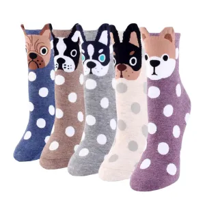 5 Pairs Pack Cotton Dog Cartoon Design Short Socks For Women