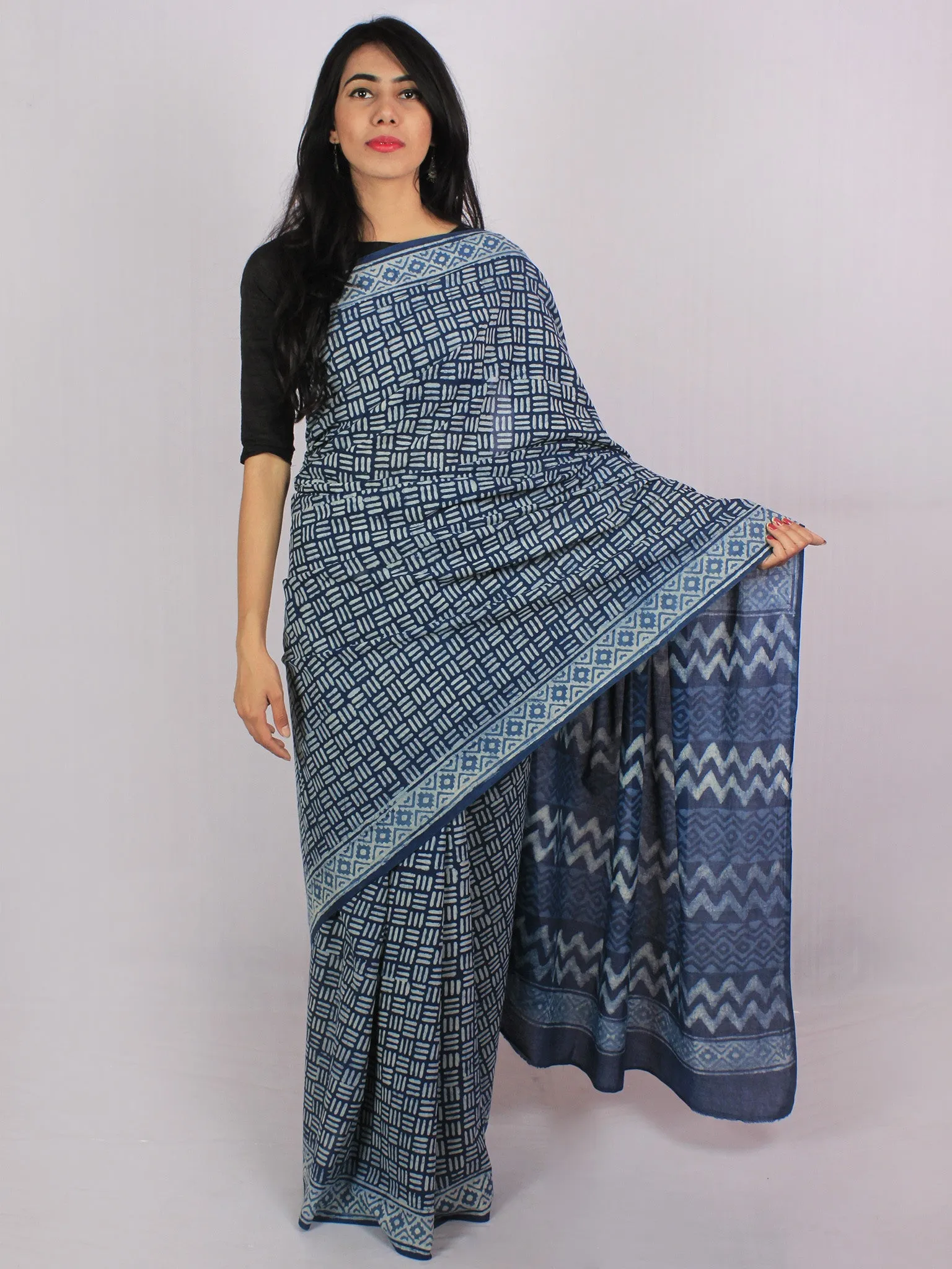 Indigo Ivory Cotton Hand Block Printed Saree in Natural Colors - S031701191