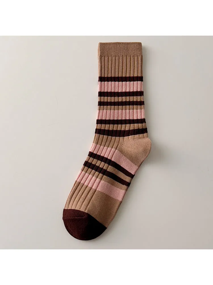 Three Pairs Retro Striped Socks Colorful Splicing Color Cotton Sock