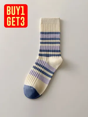 Three Pairs Retro Striped Socks Colorful Splicing Color Cotton Sock