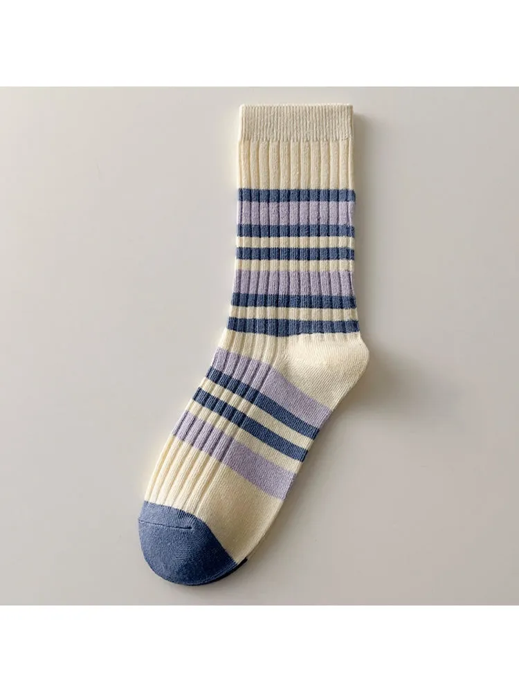 Three Pairs Retro Striped Socks Colorful Splicing Color Cotton Sock