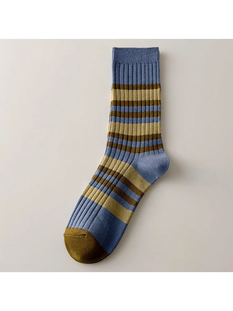 Three Pairs Retro Striped Socks Colorful Splicing Color Cotton Sock